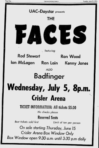 July 5, 1972 - Faces at Crisler Arena, Ann Arbor, MI poster playbill 1