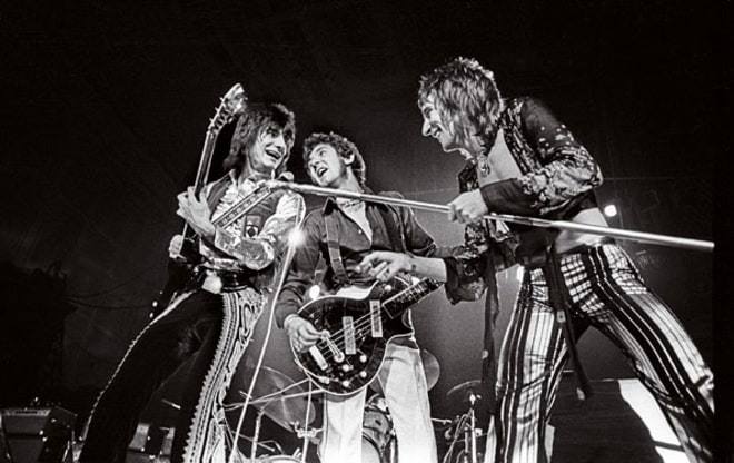 Faces Ron Wood, Ronnie Lane and Rod Stewart perform at Newcastle City Hall, England December 8 1972. Photo Credit: Barrie Wentzell         