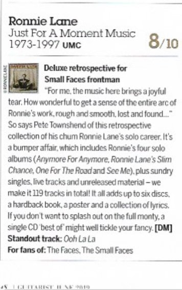 ​Guitarist Magazine June 2019 ​- Ronnie Lane Just For A Moment 2019 Box Set Review 
