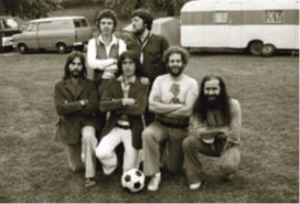 JFAM Photo - pg 57 Ronnie Lane Slim Chance arms folded with soccer ball Passing Show BW photo credit-
