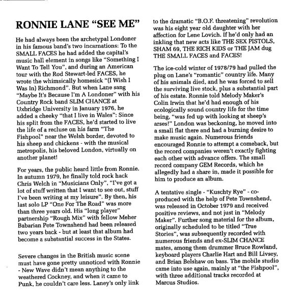 Ronnie Lane See Me Album 1980- 1996 CD Reissue- insert page 3 of 6