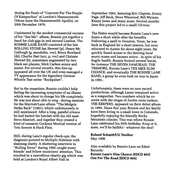 Ronnie Lane See Me Album 1980- 1996 CD Reissue- insert page 6 of 6