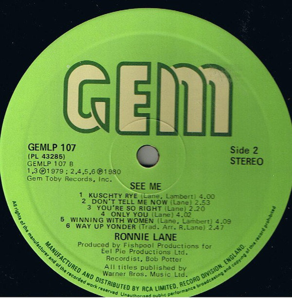Ronnie Lane See Me Album 1980- LP Side 2
